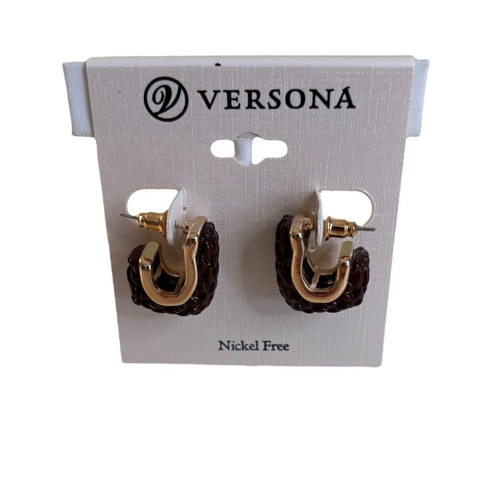 U-Shaped Gold Tone Earrings w/ Dark Brown Woven Overlay.